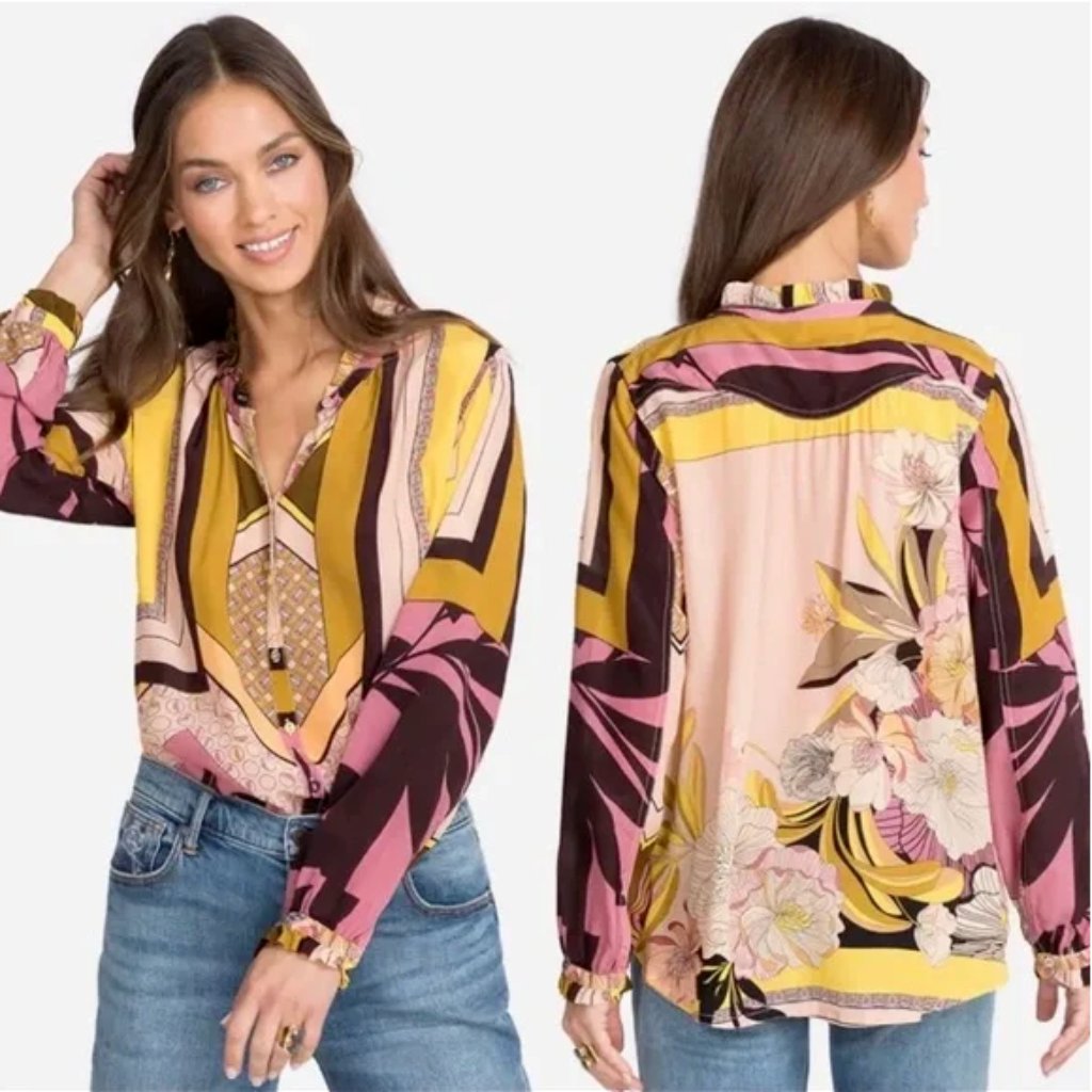 Womens Floral-Print Silk Blouse - Pink & Mustard